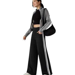 Halara High Waisted Stripe Wide Leg Sweatpants with Pockets Size XL Black White